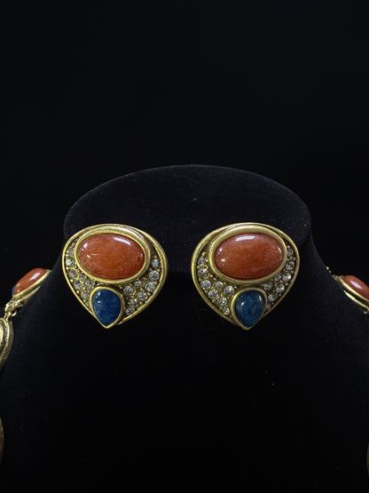 Luxury Vintage Heavy Craft Gold-Plated Copper Red & Blue Agate Inlaid Heart Stud Earrings & Necklace Set