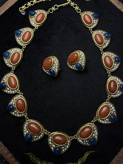 Luxury Vintage Heavy Craft Gold-Plated Copper Red & Blue Agate Inlaid Heart Stud Earrings & Necklace Set