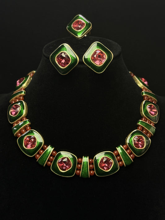 Vintage Heavy Craft Gold-Plated Copper Color-Block Sugar Cube Rose Quartz & Green Enamel Open Ring, Earrings & Collarbone Chain Set