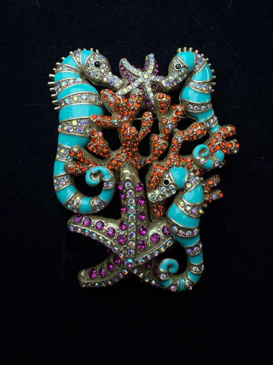 Vintage Baroque Gold-Plated Copper Full Pavé Czech Crystal Seahorse & Coral Brooch