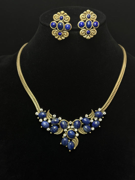 Vintage 18K Gold Plated Copper Lapis Lazuli Floral Earrings & Necklace Set