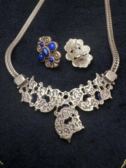 Vintage 18K Gold Plated Copper Lapis Lazuli Floral Earrings & Necklace Set