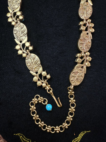 Vintage Luxury Gold-Plated Brass Heavy Craft White & Green Turquoise Inlay Earrings & Necklace Set