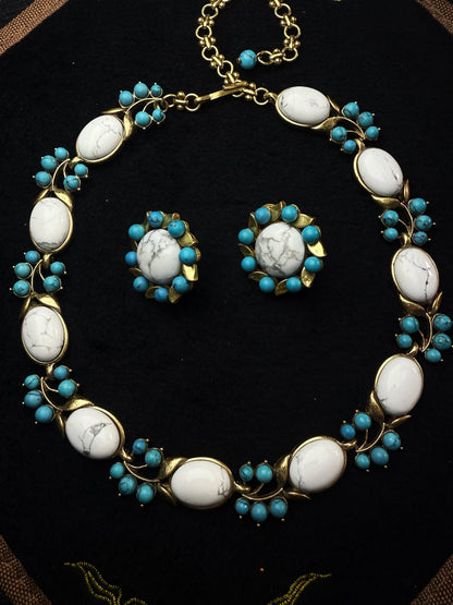 Vintage Luxury Gold-Plated Brass Heavy Craft White & Green Turquoise Inlay Earrings & Necklace Set