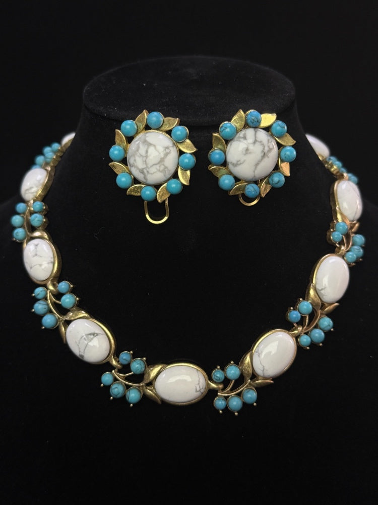 Vintage Luxury Gold-Plated Brass Heavy Craft White & Green Turquoise Inlay Earrings & Necklace Set