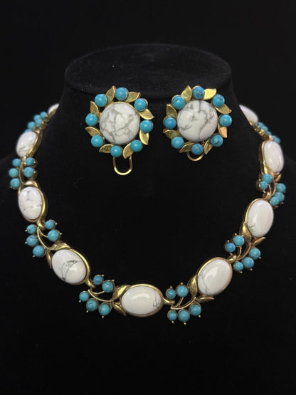 Vintage Luxury Gold-Plated Brass Heavy Craft White & Green Turquoise Inlay Earrings & Necklace Set