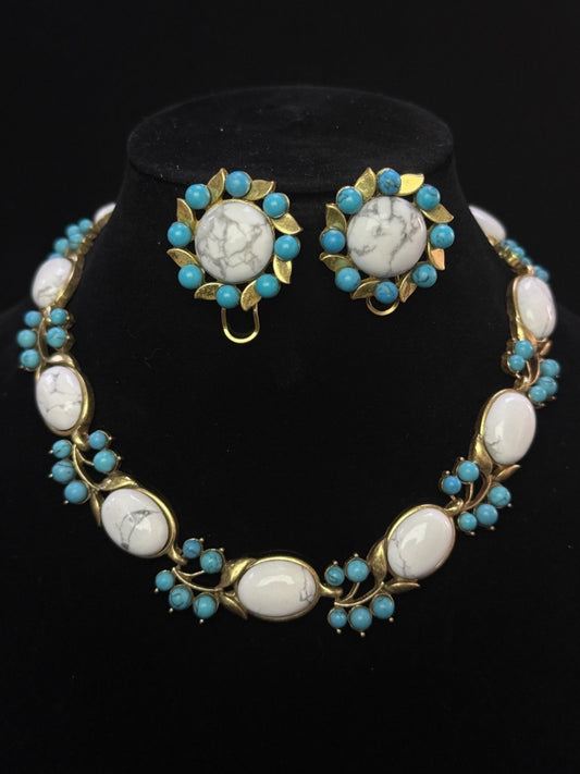 Vintage Luxury Gold-Plated Brass Heavy Craft White & Green Turquoise Inlay Earrings & Necklace Set