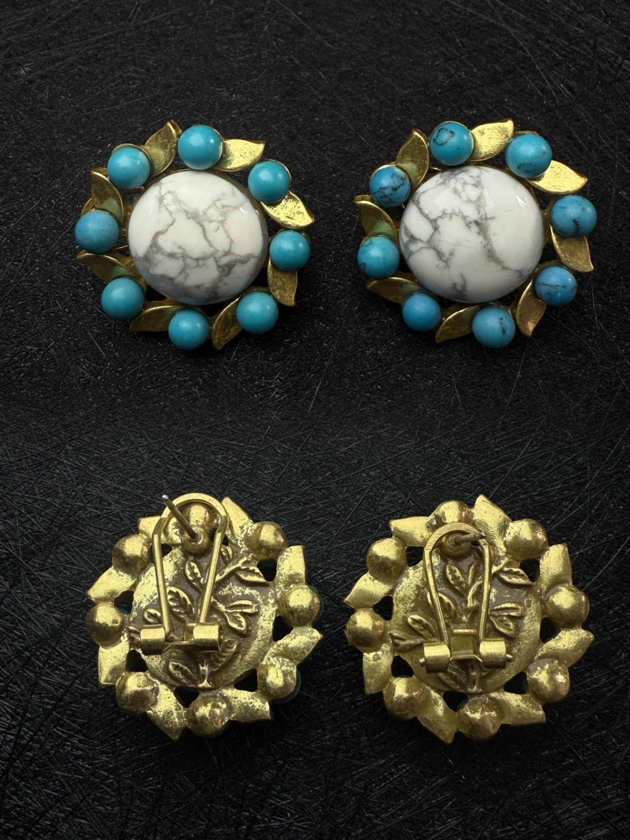 Vintage Luxury Gold-Plated Brass Heavy Craft White & Green Turquoise Inlay Earrings & Necklace Set