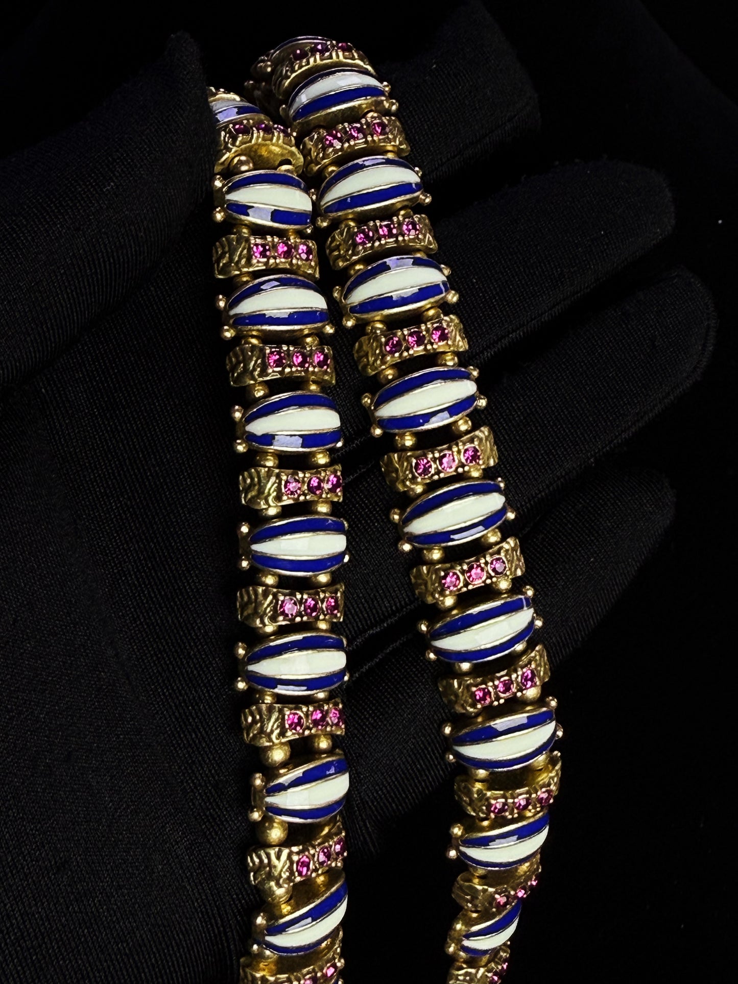 Vintage Heavy Craft Brass 18K Gold-Plated Necklace with Blue & White Enamel and Red Rhinestones