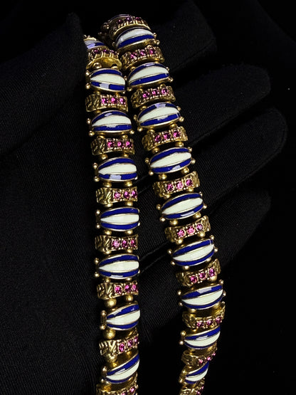 Vintage Heavy Craft Brass 18K Gold-Plated Necklace with Blue & White Enamel and Red Rhinestones