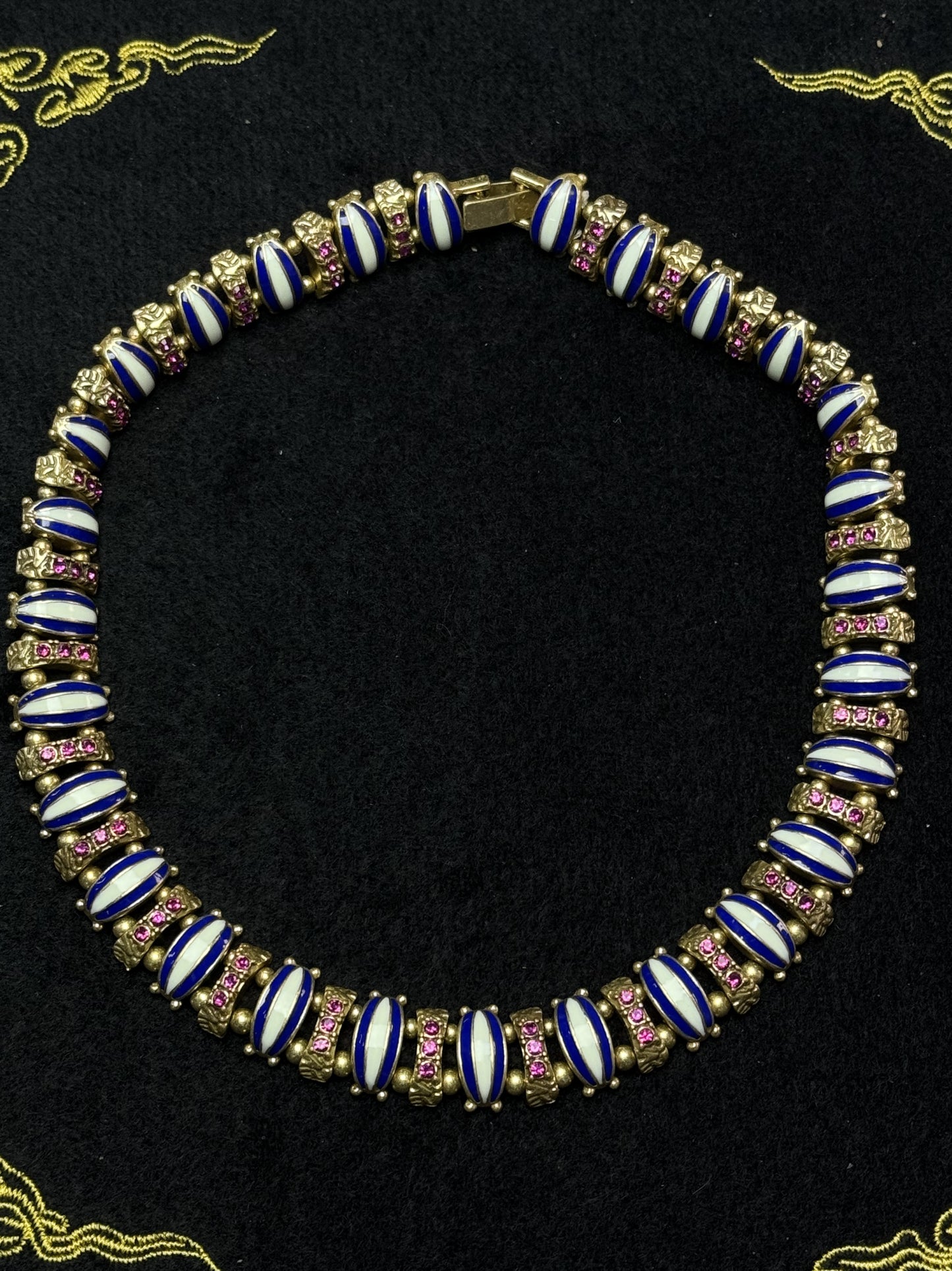 Vintage Heavy Craft Brass 18K Gold-Plated Necklace with Blue & White Enamel and Red Rhinestones