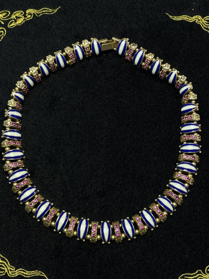 Vintage Heavy Craft Brass 18K Gold-Plated Necklace with Blue & White Enamel and Red Rhinestones
