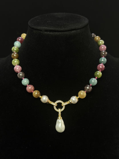 Minimalist Vintage Tourmaline Beaded Choker Necklace with Gold-Plated Clasp