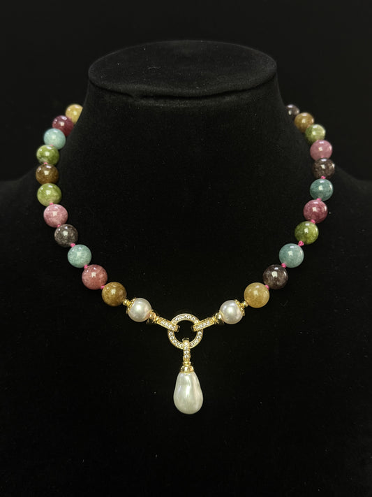 Minimalist Vintage Tourmaline Beaded Choker Necklace with Gold-Plated Clasp