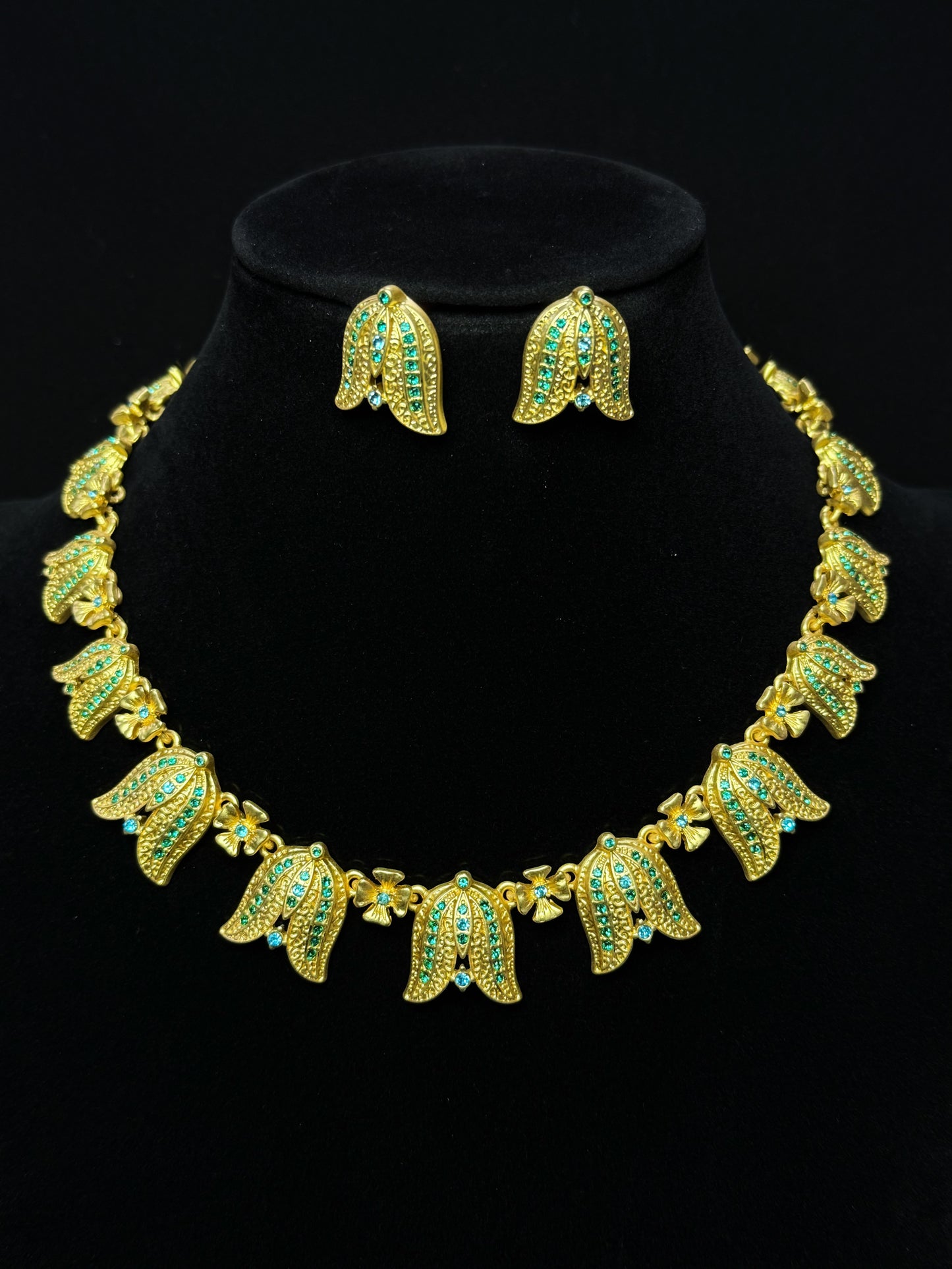 Vintage Heavy Craft Classic 18K Gold-Plated Brass Lily of the Valley Earrings and Necklace Set with Rhinestones