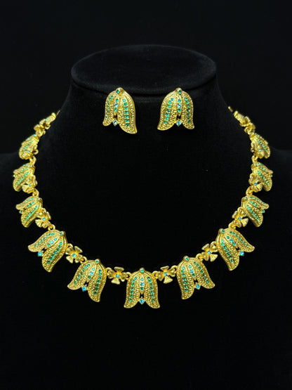 Vintage Heavy Craft Classic 18K Gold-Plated Brass Lily of the Valley Earrings and Necklace Set with Rhinestones
