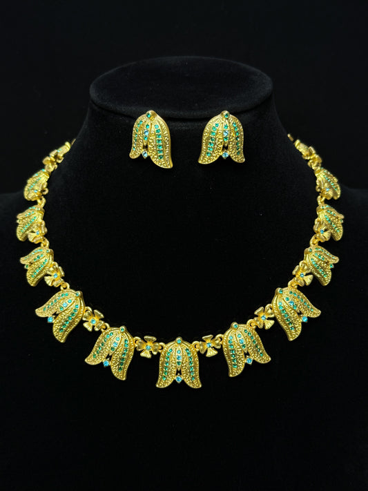 Vintage Heavy Craft Classic 18K Gold-Plated Brass Lily of the Valley Earrings and Necklace Set with Rhinestones