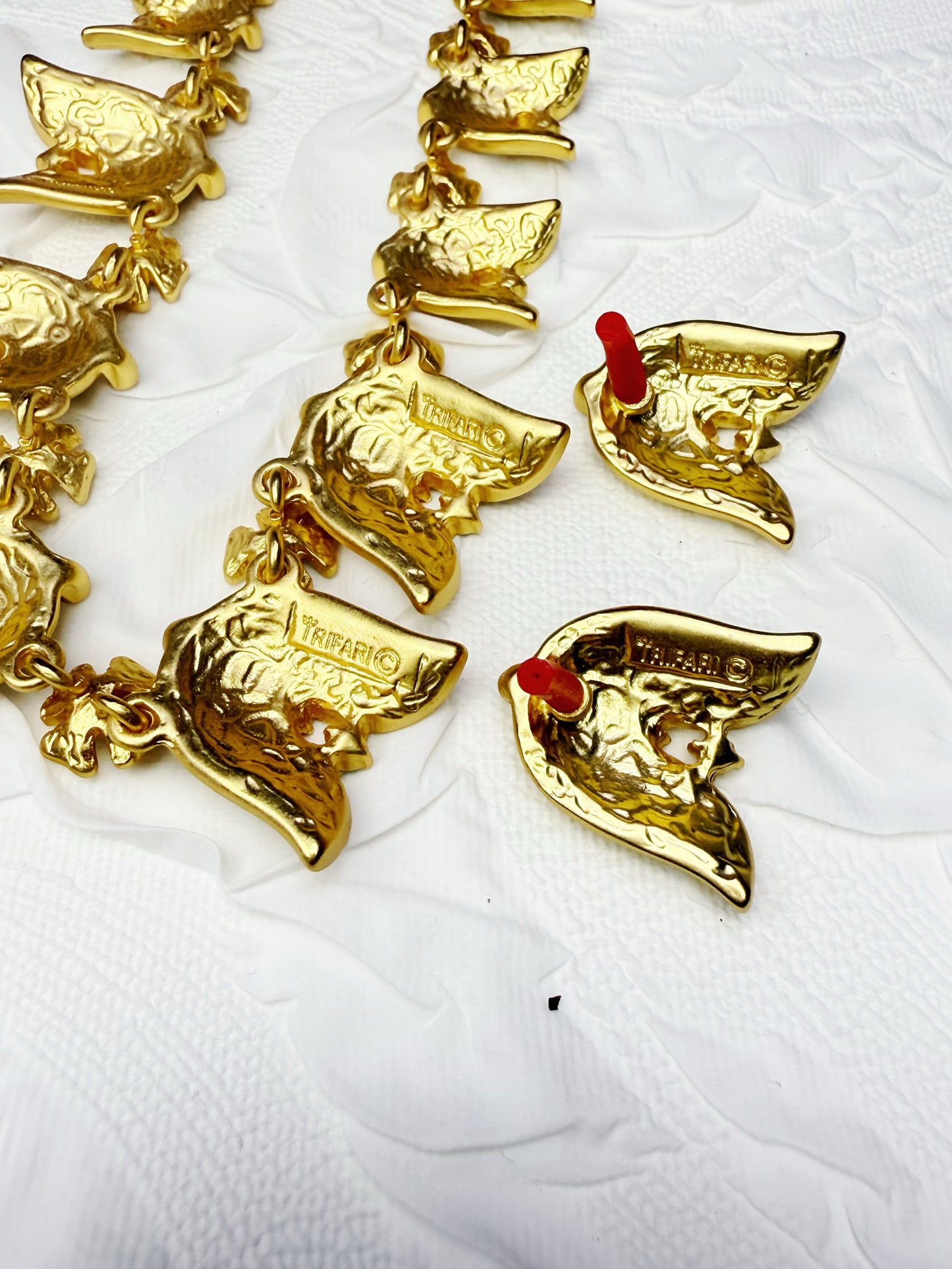 Vintage Heavy Craft Classic 18K Gold-Plated Brass Lily of the Valley Earrings and Necklace Set with Rhinestones