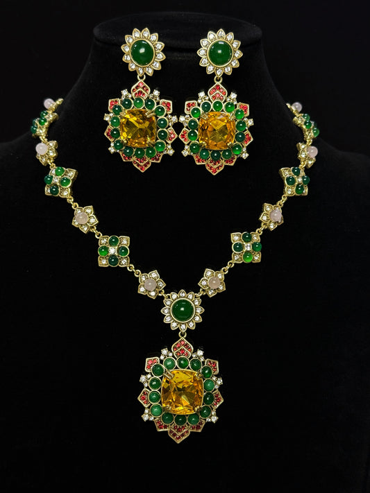 Vintage Heavy Craft Brass Rhinestone Green Agate Czech Crystal Earrings and Necklace Set – European Magazine Style