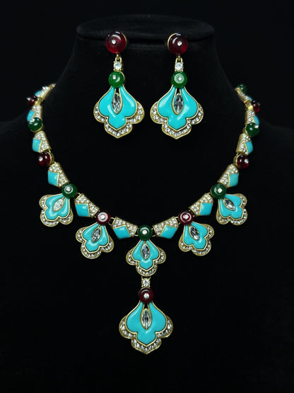 Vintage Heavy Craft 18K Gold-Plated Brass Earrings and Necklace Set with Red and Green Glazed Glass and Blue Enamel Skirt Design