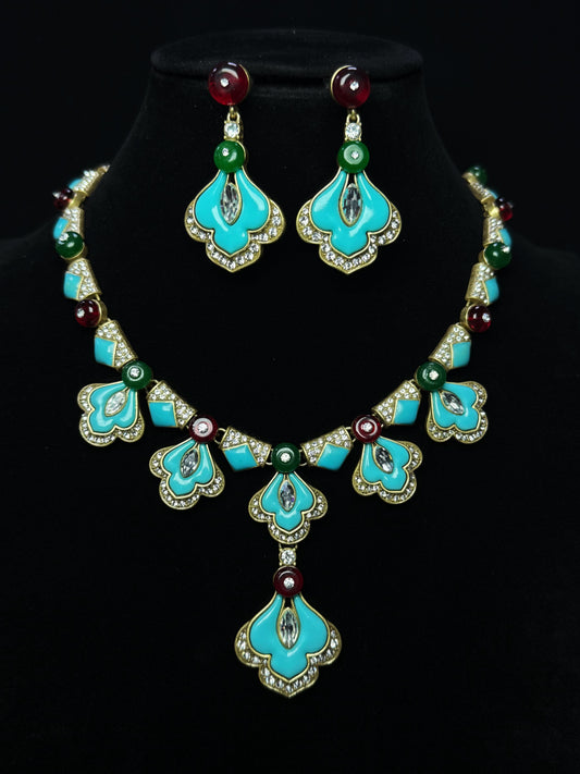 Vintage Heavy Craft 18K Gold-Plated Brass Earrings and Necklace Set with Red and Green Glazed Glass and Blue Enamel Skirt Design
