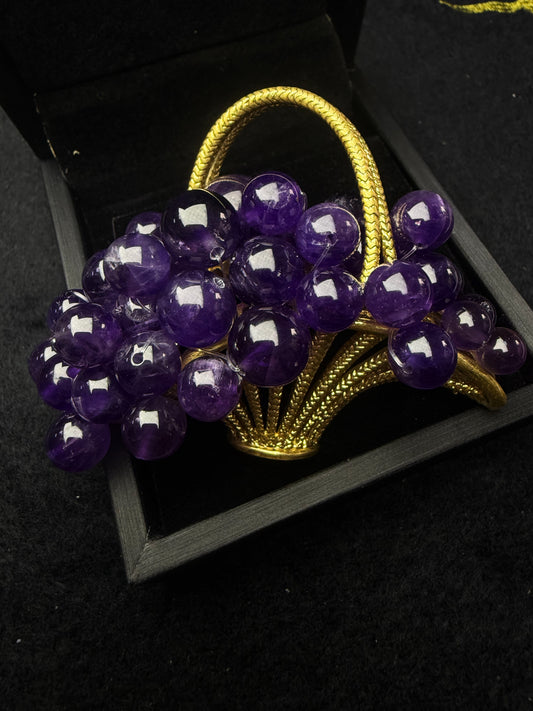 Vintage Baroque Grape Basket Brooch – Gold-Plated Brass with Natural Amethyst