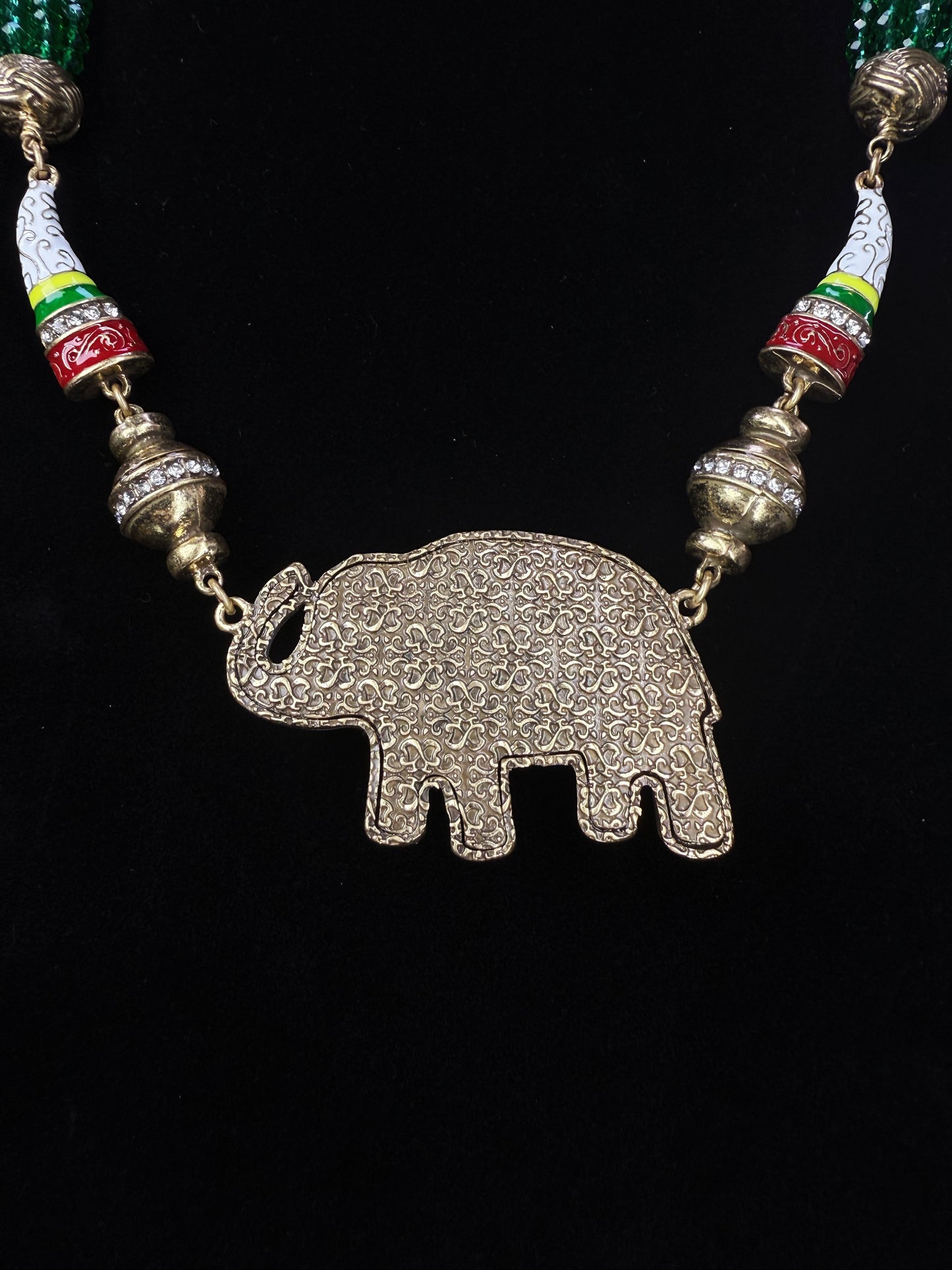 Vintage Layered Green Crystal Enamel Elephant Necklace