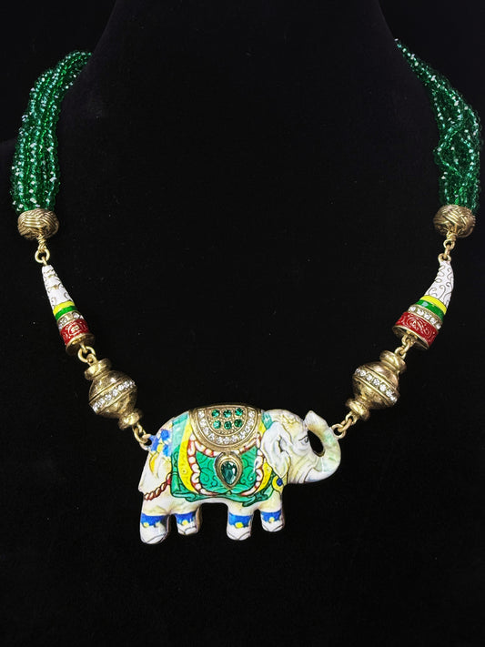Vintage Layered Green Crystal Enamel Elephant Necklace