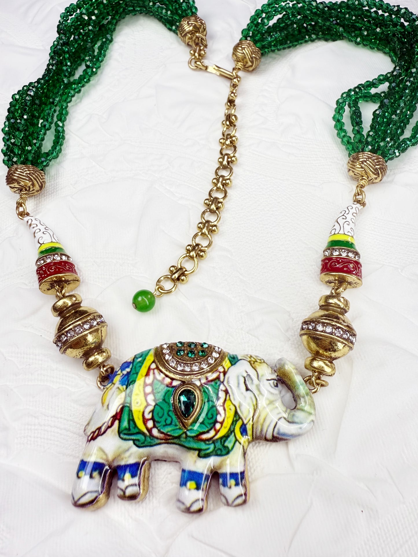 Vintage Layered Green Crystal Enamel Elephant Necklace