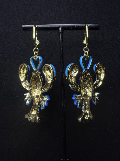 Blue & White Enamel Lobster Drop Earrings – Vintage Niche Luxury Statement Design