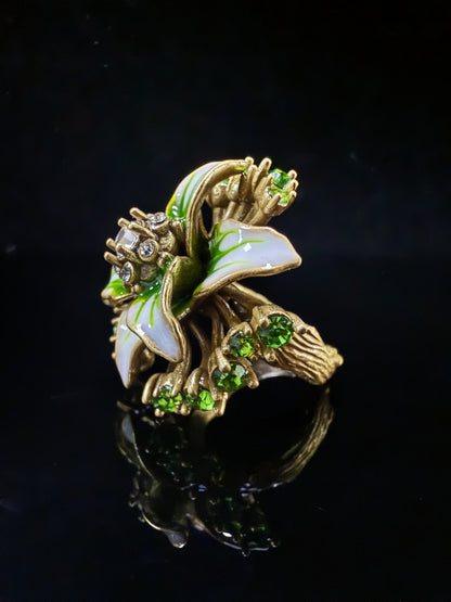 Vintage Baroque Heavy-Craft Gold-Plated Brass Floral Oil Painting Open Ring