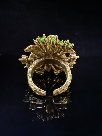 Vintage Baroque Heavy-Craft Gold-Plated Brass Floral Oil Painting Open Ring