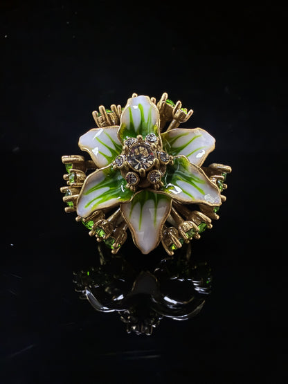 Vintage Baroque Heavy-Craft Gold-Plated Brass Floral Oil Painting Open Ring
