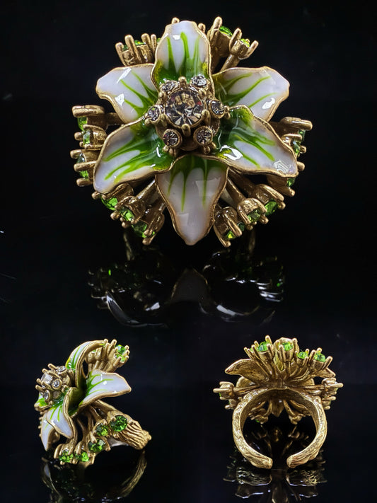 Vintage Baroque Heavy-Craft Gold-Plated Brass Floral Oil Painting Open Ring