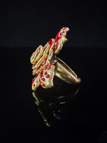 Vintage Baroque Heavy-Craft Gold-Plated Brass Red Rose Crystal Open Ring