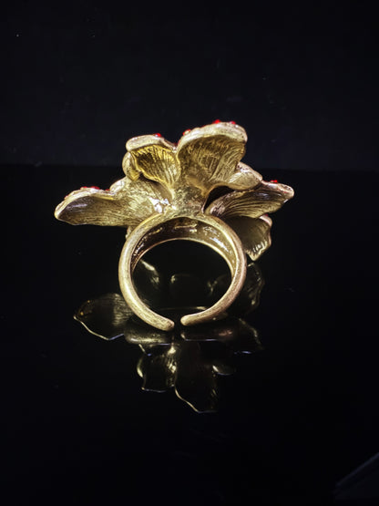 Vintage Baroque Heavy-Craft Gold-Plated Brass Red Rose Crystal Open Ring