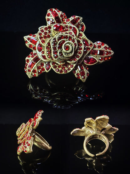 Vintage Baroque Heavy-Craft Gold-Plated Brass Red Rose Crystal Open Ring