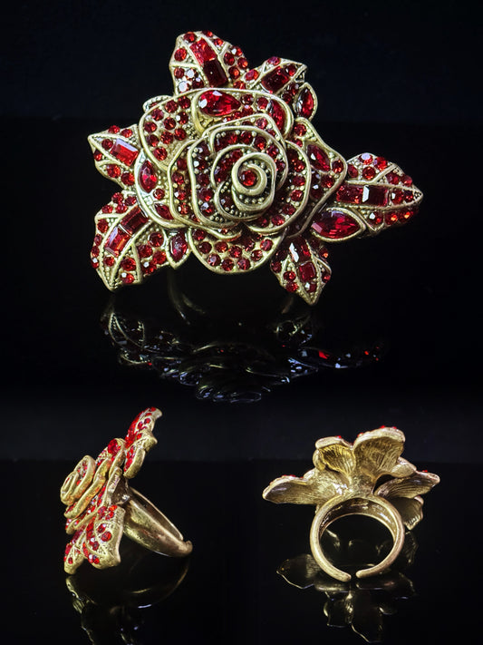 Vintage Baroque Heavy-Craft Gold-Plated Brass Red Rose Crystal Open Ring