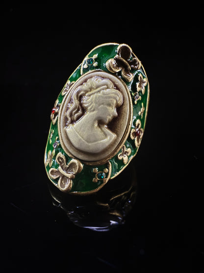 Vintage Baroque Heavy-Craft 18K Gold-Plated Brass Cameo Open Ring