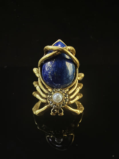 Vintage Baroque Heavy-Craft 19K Gold-Plated Brass Lapis Lazuli Open Ring