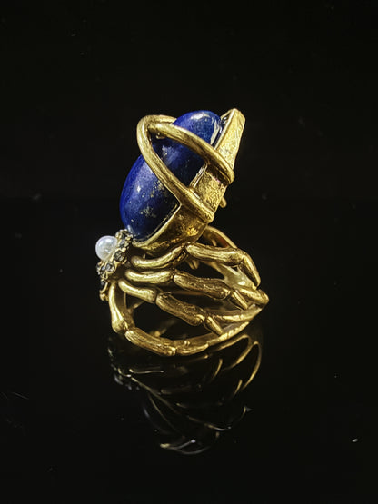 Vintage Baroque Heavy-Craft 19K Gold-Plated Brass Lapis Lazuli Open Ring
