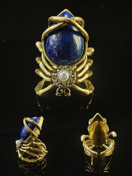 Vintage Baroque Heavy-Craft 19K Gold-Plated Brass Lapis Lazuli Open Ring