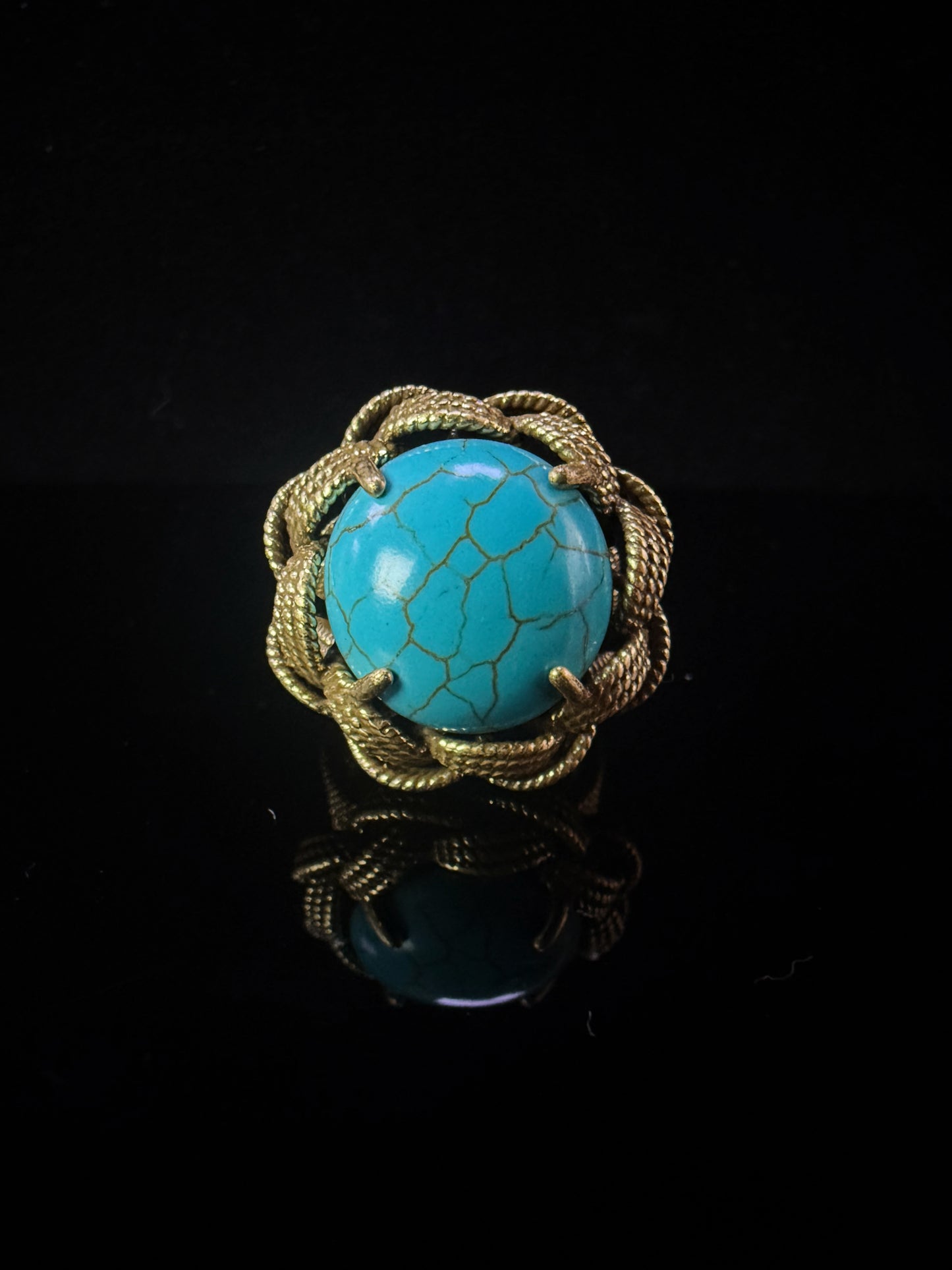 Vintage Baroque Heavy-Craft 18K Gold-Plated Brass Turquoise Open Ring