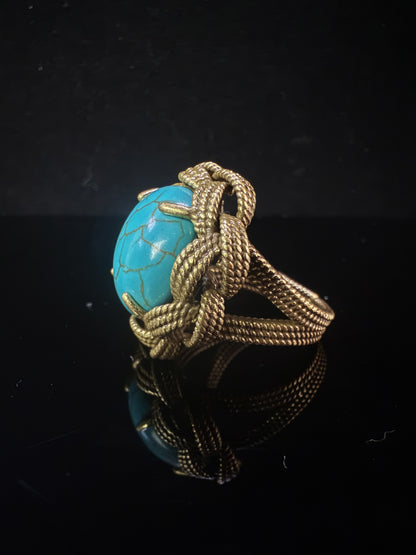 Vintage Baroque Heavy-Craft 18K Gold-Plated Brass Turquoise Open Ring