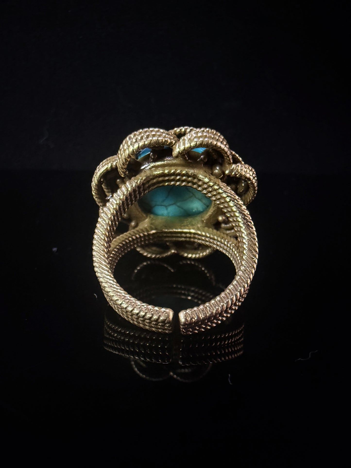 Vintage Baroque Heavy-Craft 18K Gold-Plated Brass Turquoise Open Ring
