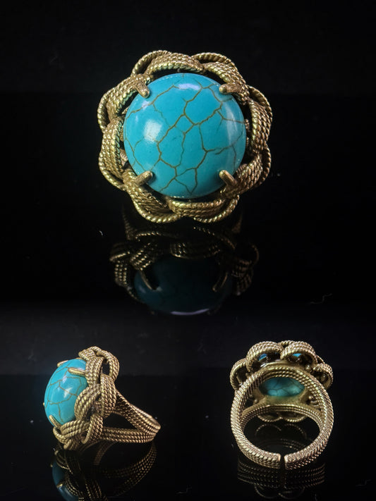 Vintage Baroque Heavy-Craft 18K Gold-Plated Brass Turquoise Open Ring