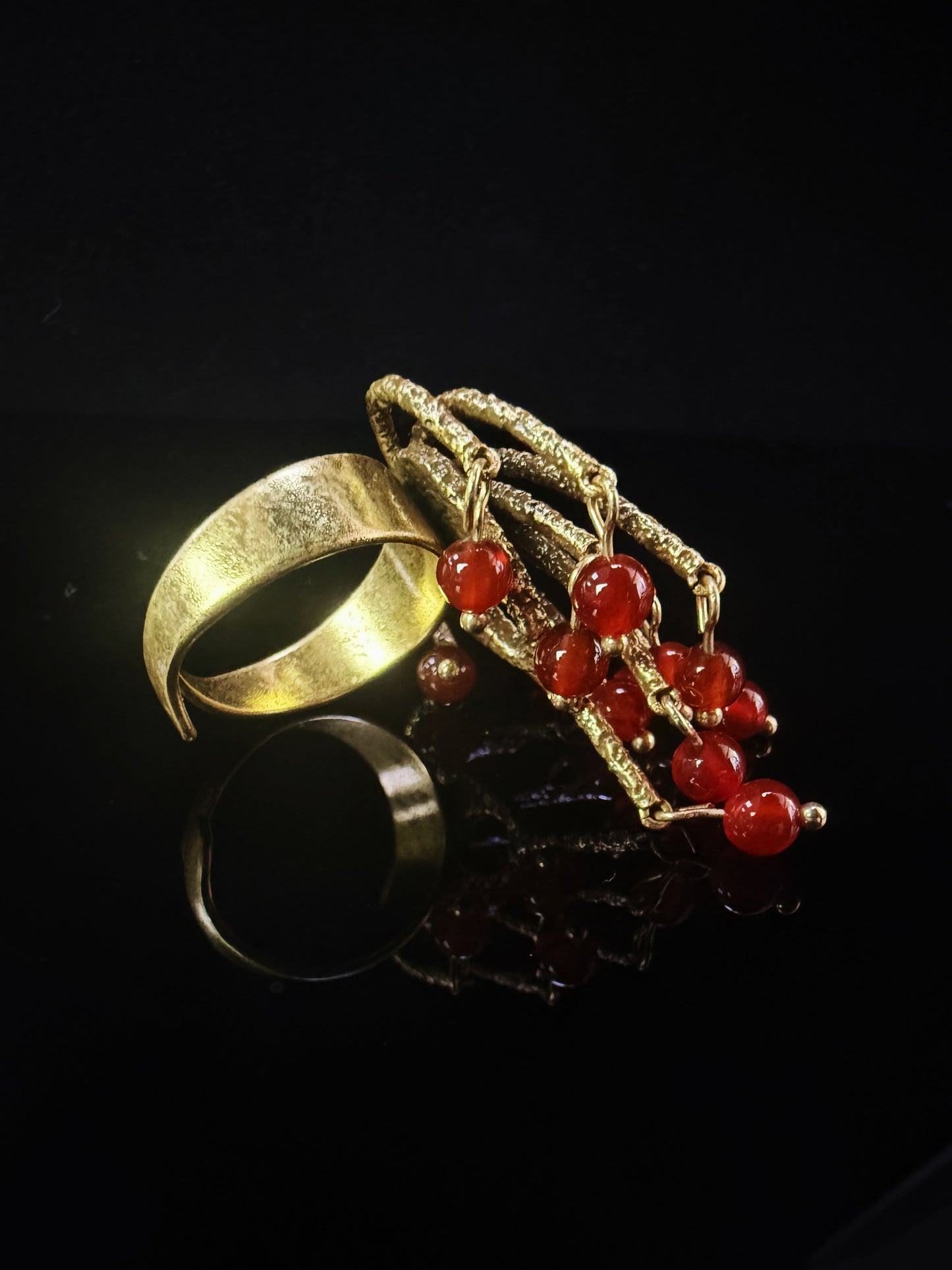 Vintage Baroque Heavy-Craft Gold-Plated Brass Red Agate Open Ring