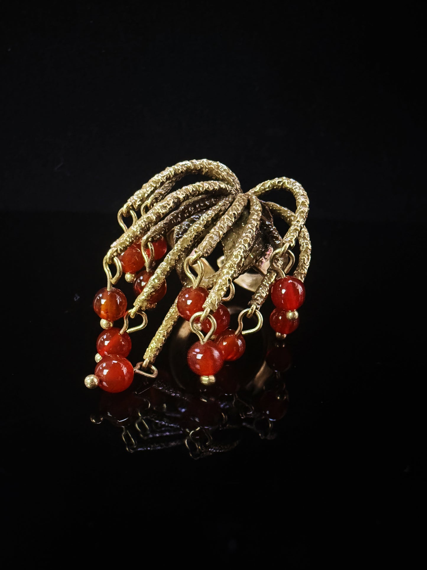 Vintage Baroque Heavy-Craft Gold-Plated Brass Red Agate Open Ring