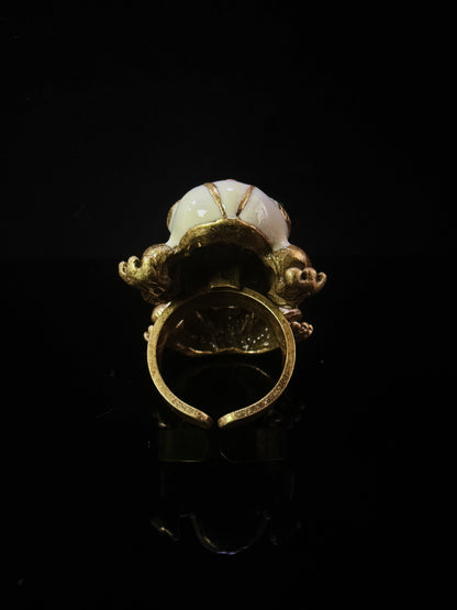 Vintage Baroque Heavy-Craft 18K Gold-Plated Brass White Enamel Frog Open Ring