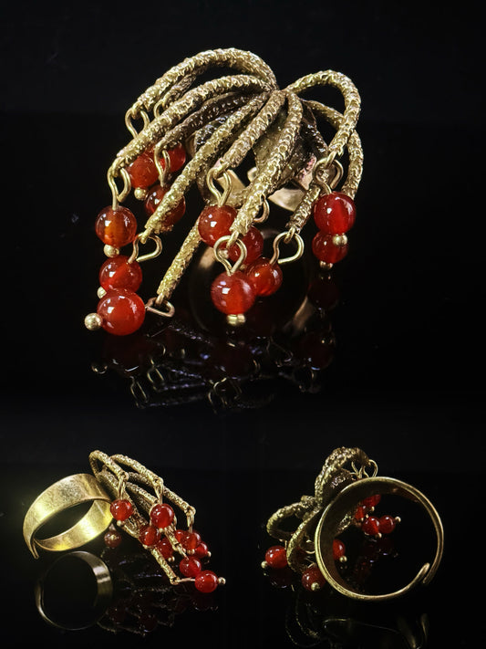 Vintage Baroque Heavy-Craft Gold-Plated Brass Red Agate Open Ring